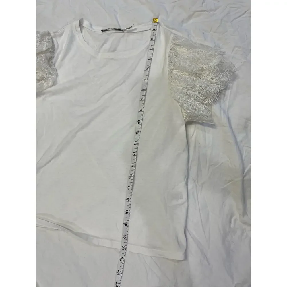 Alice & Olivia White Lace Sleeve Crop Stretchy Romantic Darcelle T-Shirt Medium - Picture 8 of 11